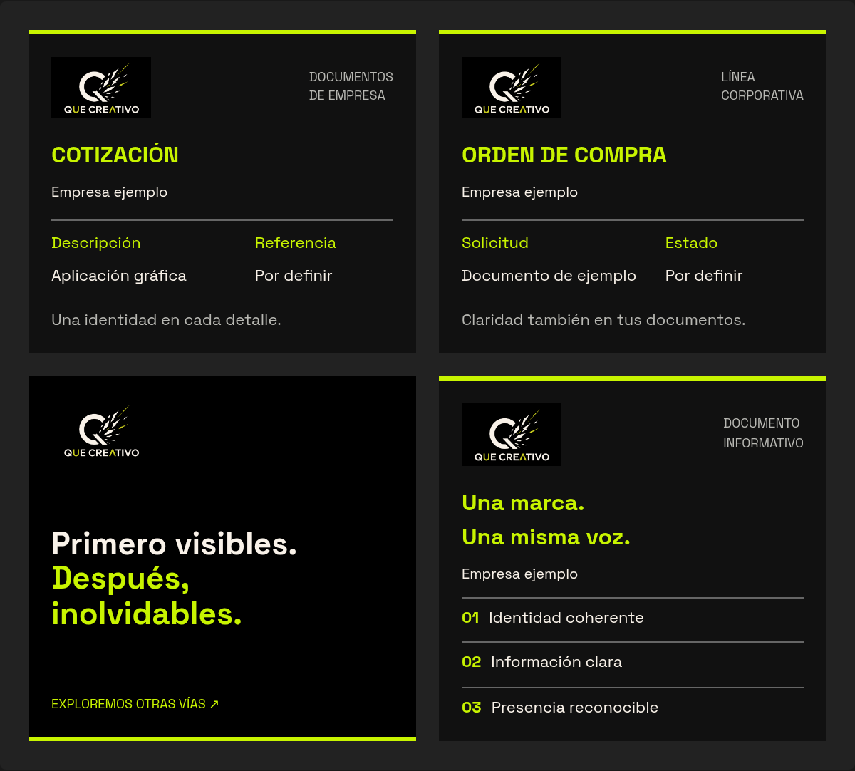 Ejemplo de aplicaciones de Que Creativo: cotización y orden de compra para Empresa ejemplo, publicación de difusión y documento informativo, con el logo original en negro y lima.